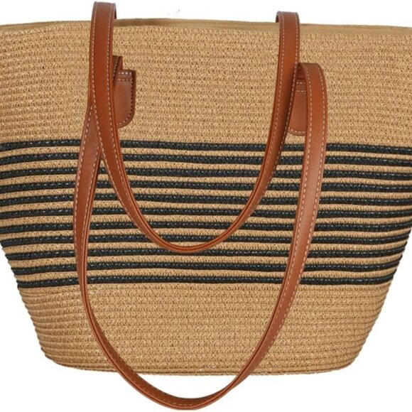 Woven Straw Tote Bag Large Capacity Fashionable Beach Travel Shopping Casual - Picture 1 of 7